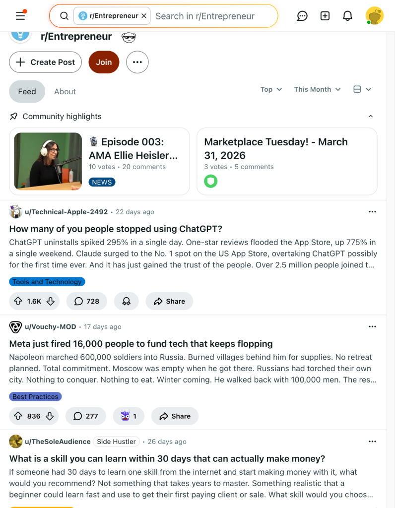 Reddit r/Entrepreneur subreddit showcasing marketing discussion threads