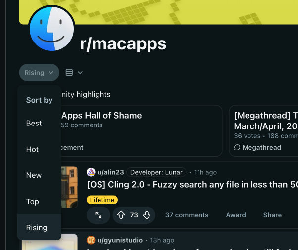Reddit Rising tab demonstrating how early upvotes push posts into higher visibility feeds