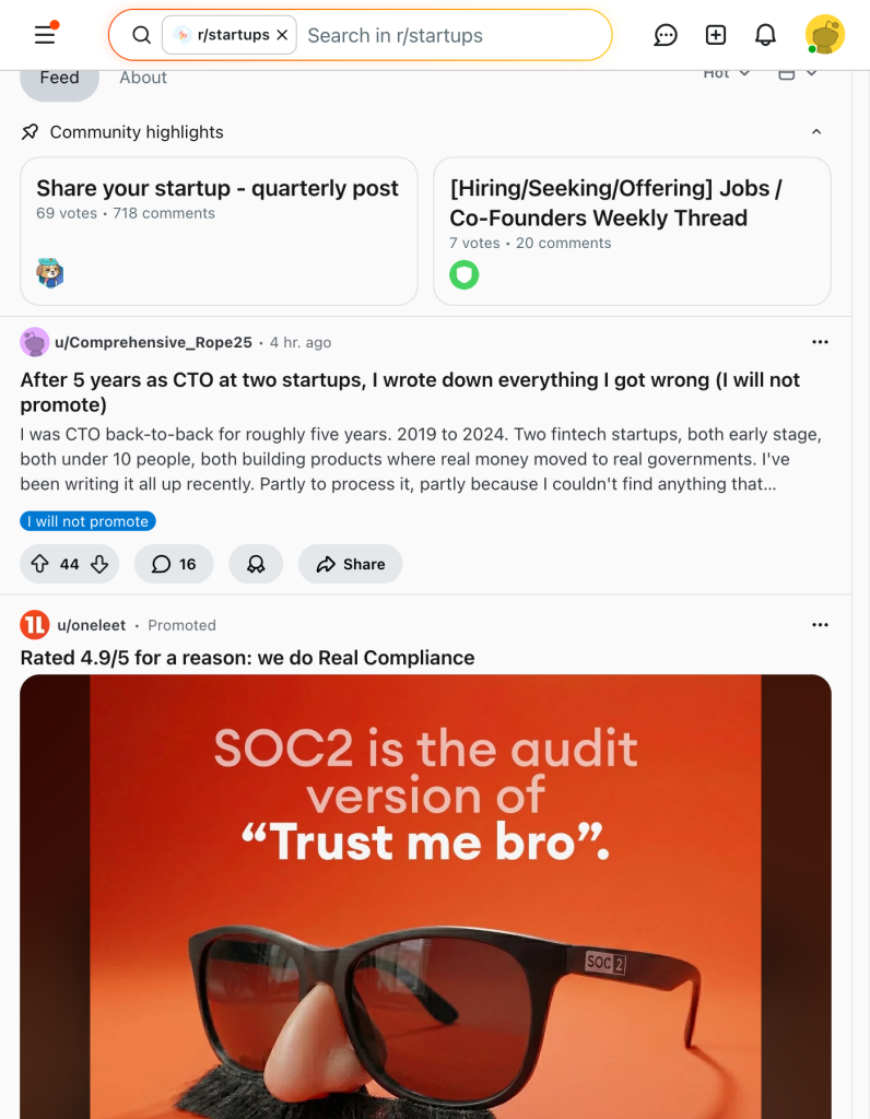 Reddit r/startups feed showing strategic post timing with early upvote momentum